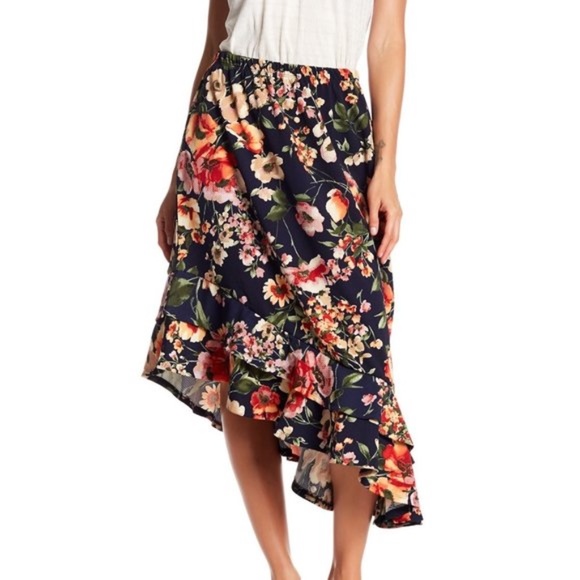 Bobeau Asymmetrical Ruffle Hem Midi Skirt - Picture 1 of 6